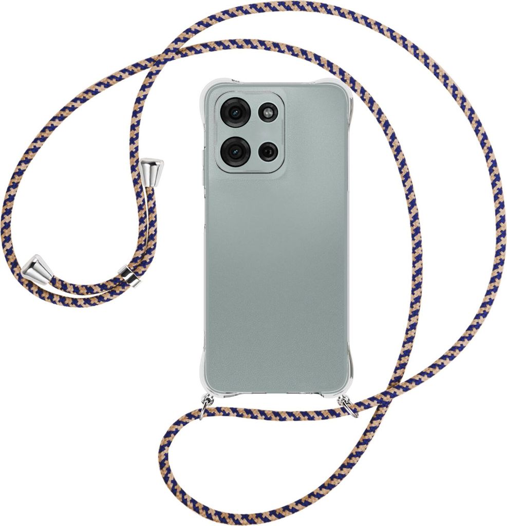 Handykette Backcover-Schutzhülle mit Band (Metall silberfarben) für Motorola Moto G Play 4G (2025) - blau+beige