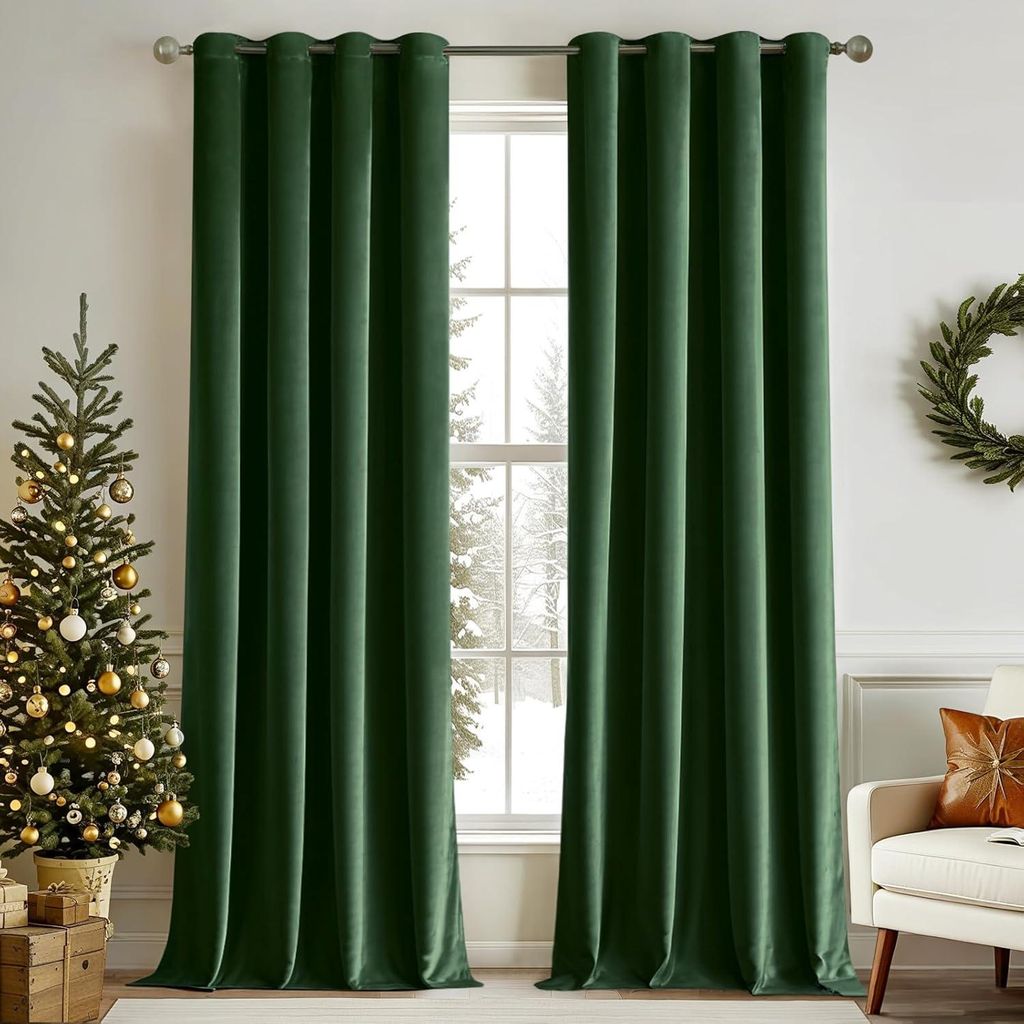 Thermo-Vorhänge Samt Dunkelgrün 140x260 cm Set 2 Stück Produktbild 