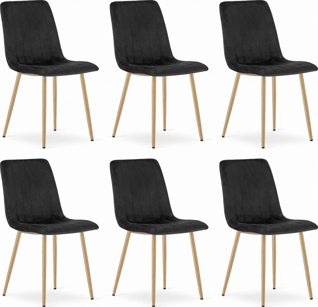ORSARA Stuhl schwarz velourgepolstert, Metallbeine in Holzfarbe, Maße 43x90x51 cm, für Wohnzimmer, Büro, 6er Set, Belastbarkeit 110 kg