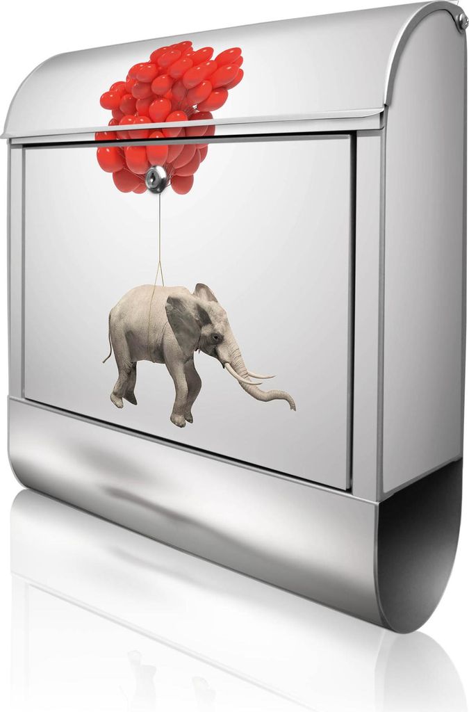 banjado Design Briefkasten Stahl silber mit Zeitungsfach pulverbeschichtet "Fliegender Elefant" 38x46x12,5cm & 2 Schlüssel - Postkasten A4 Einwurf...