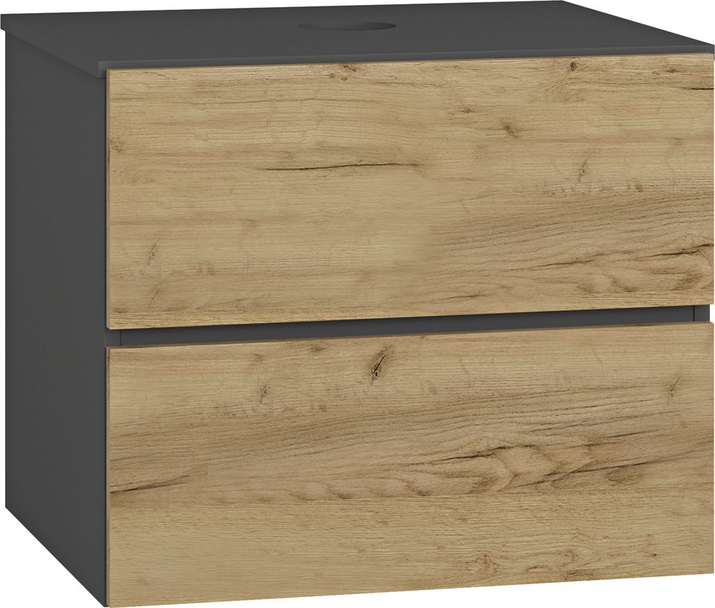 A close-up studio shot of a bathroom vanity cabinet with two drawers.