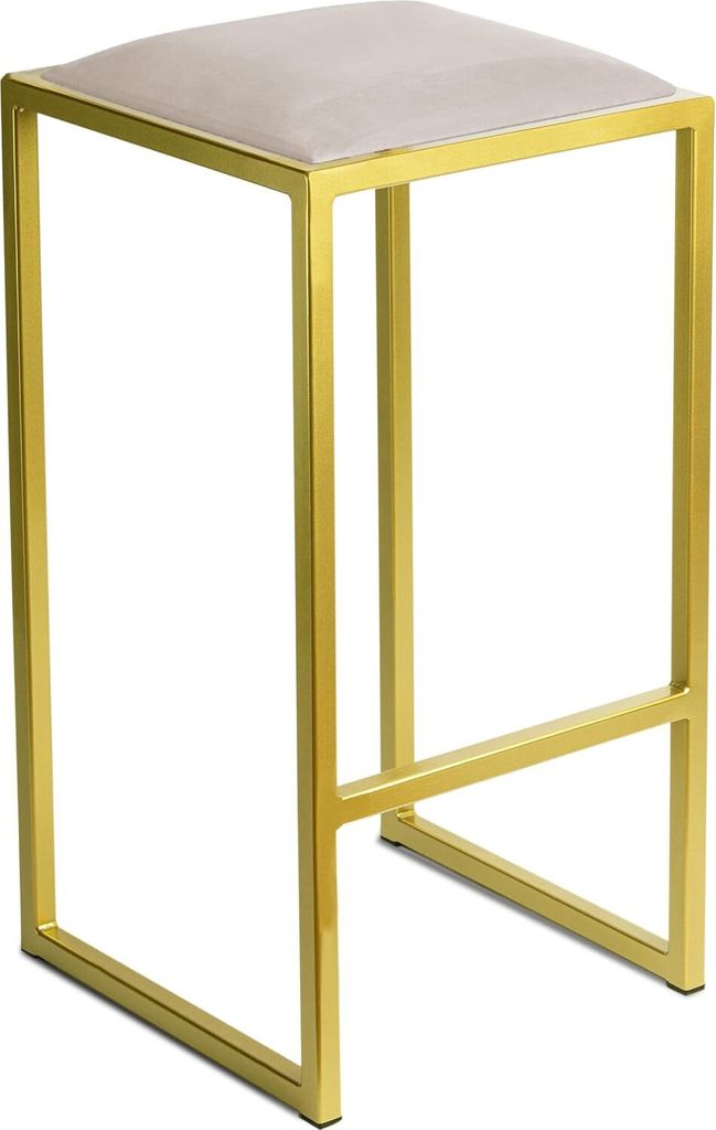 A bar stool with a gold metal frame and an ecru upholstered seat, shown against a white background.