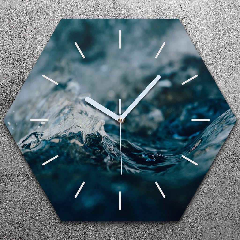 Uhr hexagonal 40 cm Glas Geräuschlos weiße Zeiger - Wasser rippel
