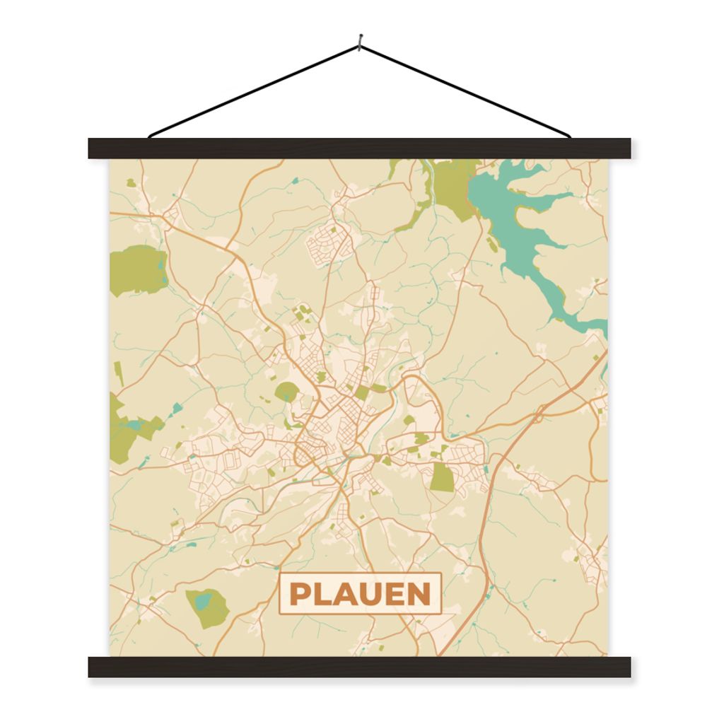MuchoWow Textilposter Karte - Plauen - Vintage - Stadtplan 60x60 cm mit schwarzem Rahmen - Posteraufhänger