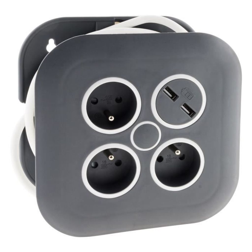 ZENITECH Home Rolle 3 Buchsen 2P + E 16A + Leistungsschalter + 2x USB - Grau und Weiß