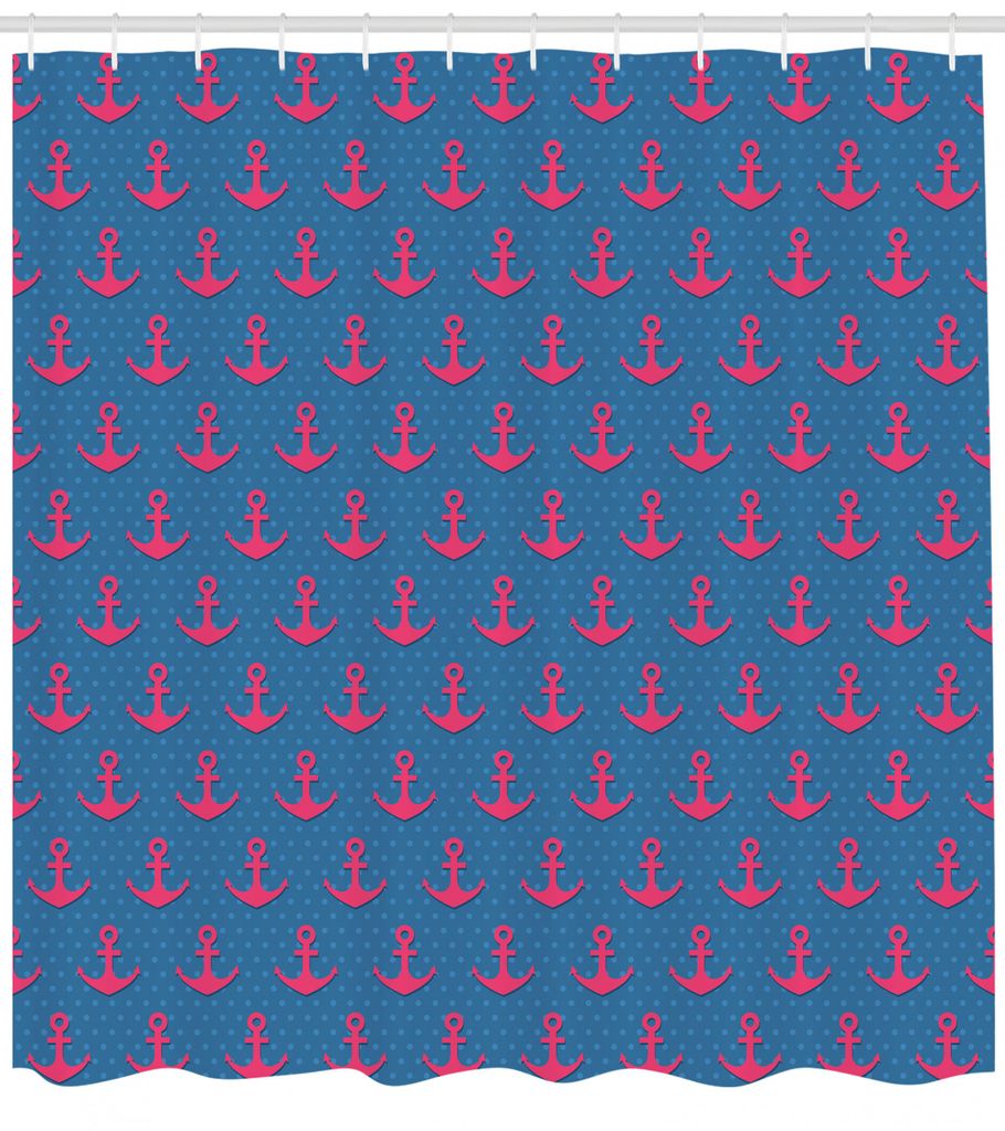 ABAKUHAUS Anker Duschvorhang, Rosa Icons auf Blue Dots, Waschbar und Pflegeleicht mit 12 Haken Hochwertiger Druck Farbfest Langhaltig, 175 x 200 cm...
