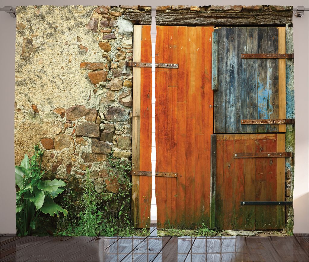 ABAKUHAUS Rustikal Rustikaler Gardine, Alte Französisch Holztür, Schlafzimmer Kräuselband Vorhang mit Schlaufen und Haken, 280 x 175 cm, Orange ...