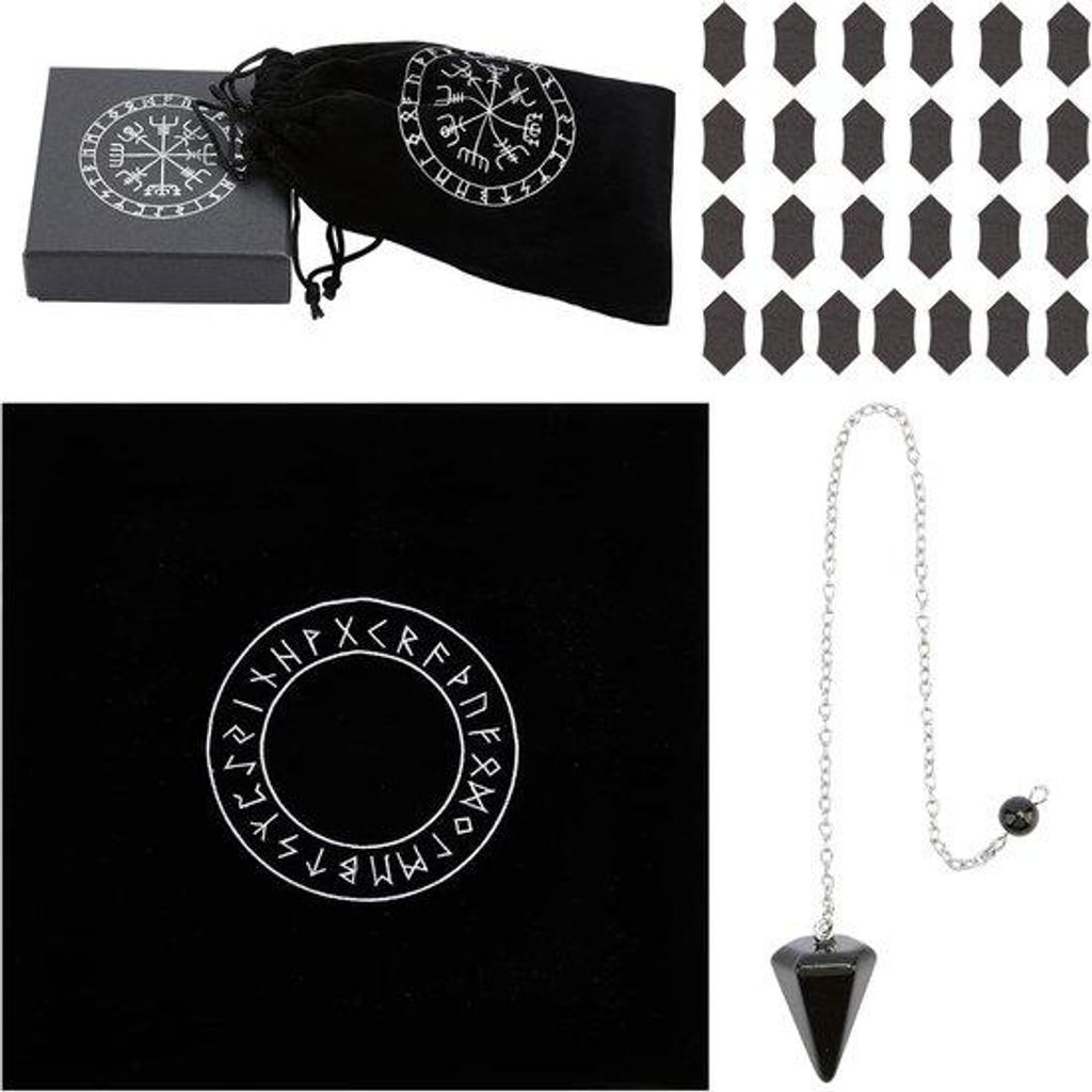 Wicca Hekserij-Set - Rune-Casting-Tischüberwurf - Schwarzer Stein Kristallpendel - Spezielle Transporttasche - Wicca Zauberutensilien für Wahrsag...