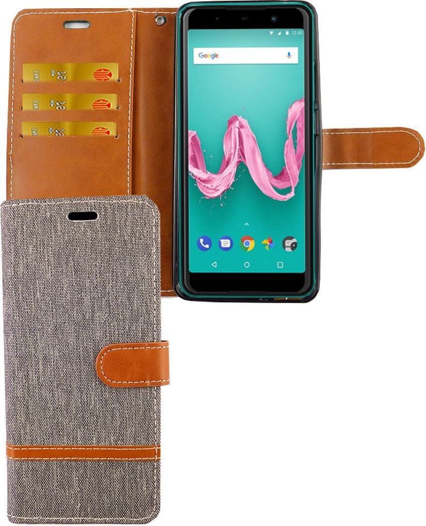 Wiko Lenny 5 Handy Hülle Schutz-Tasche Case Cover Kartenfach Etuis Wallet Grau
