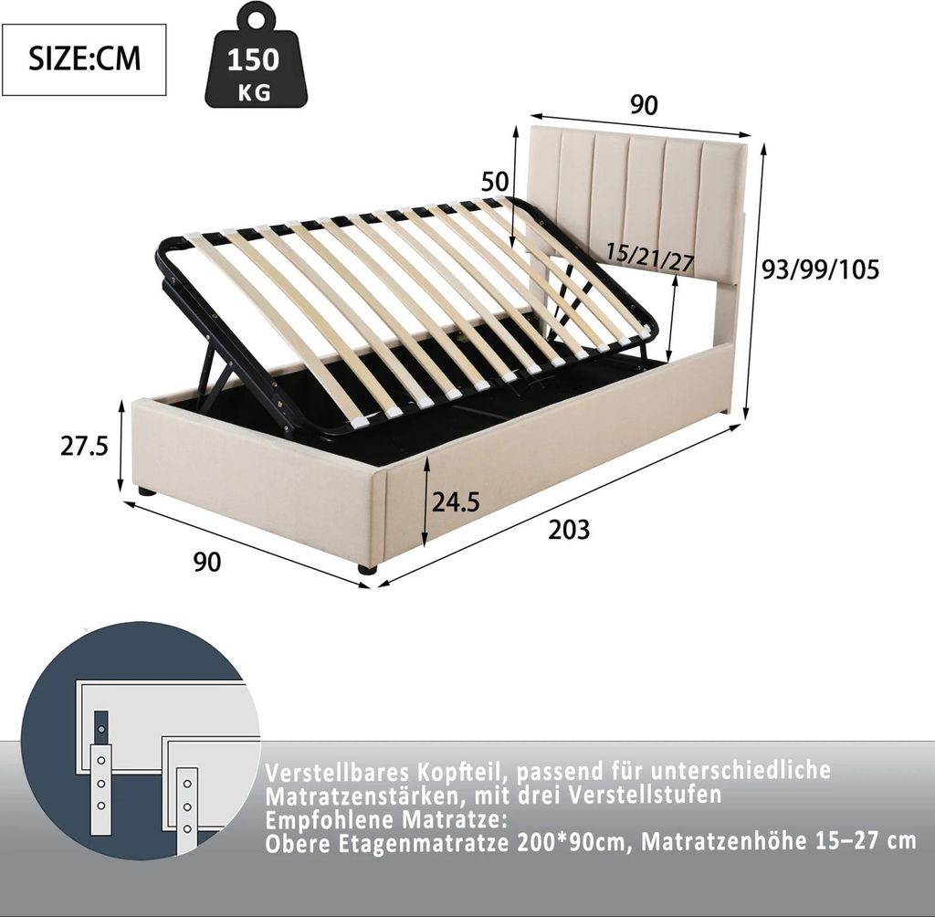 Polsterbett 90x200 cm - Einzelbett Kinder - Hydraulisches Stauraumbett - Bett mit Schubladen - Holzrahmen - Leinenstoff beige