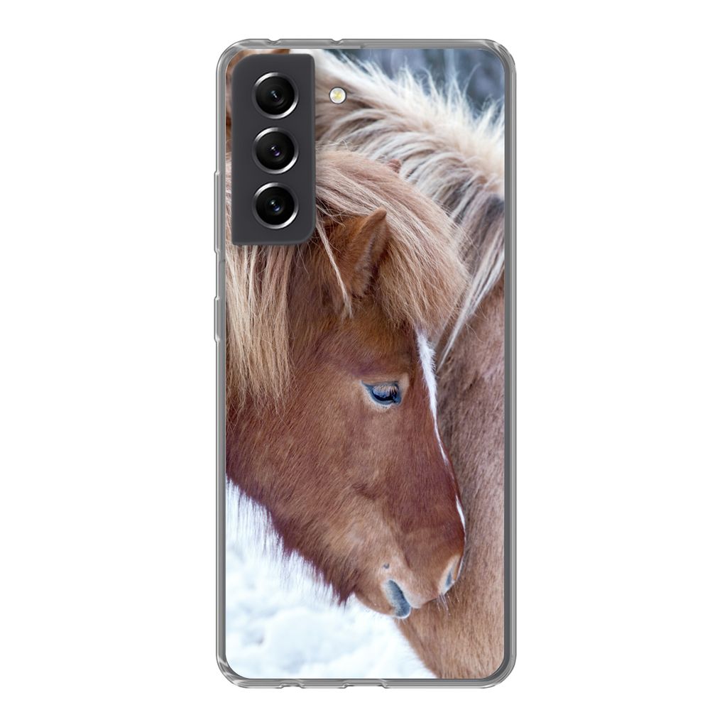 MuchoWow Handyhülle Schutzhülle Hülle für Samsung Galaxy S21 FE Pferde - Fohlen - Schnee Silikon Softcase Handy Hülle - Mobiltelefonhülle