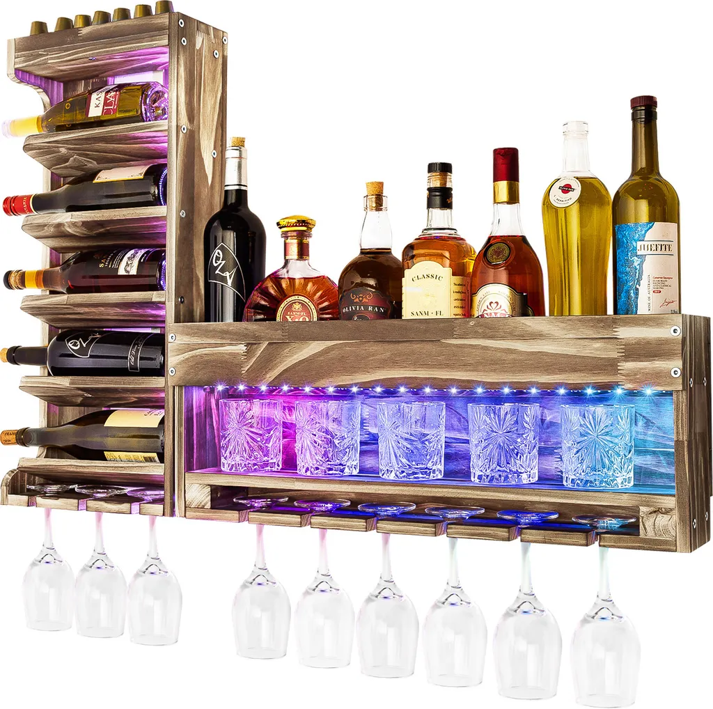 Yorbay Casier à vin LED en bois enflammé avec porte-bouchon intégré