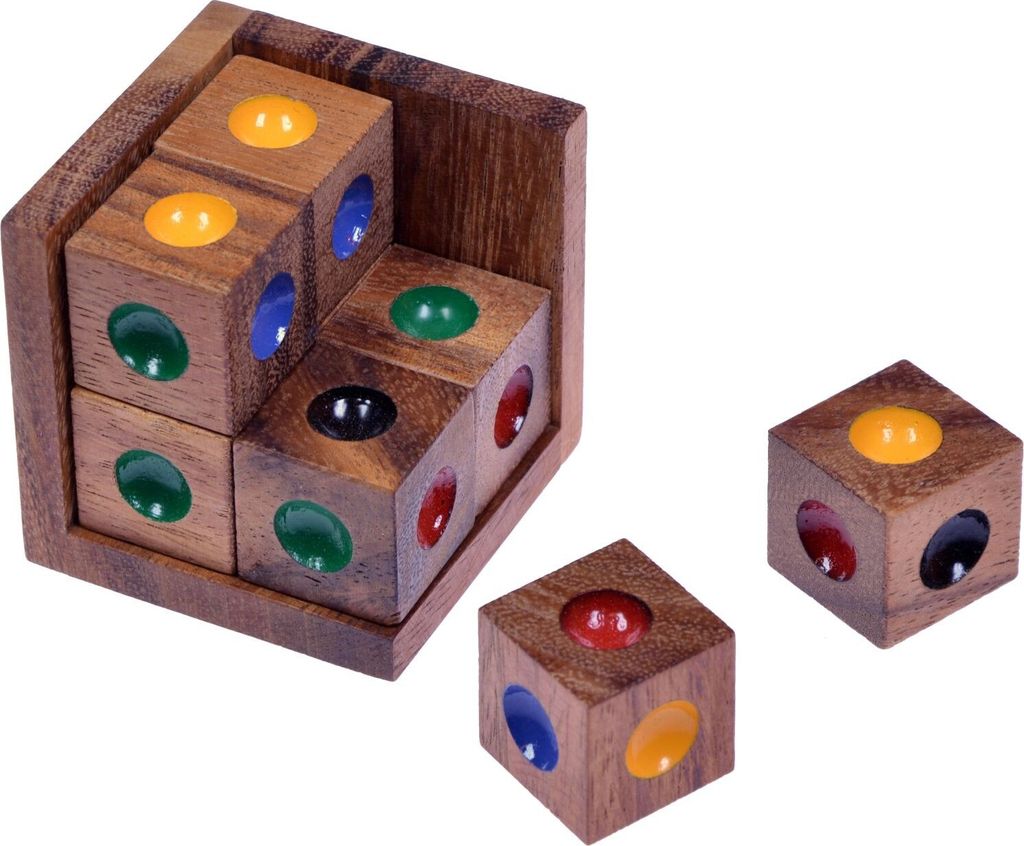 Crazy Six – 3D Puzzle Farbwürfel aus Holz | Knobelspiel mit 8 Würfeln im Rahmen