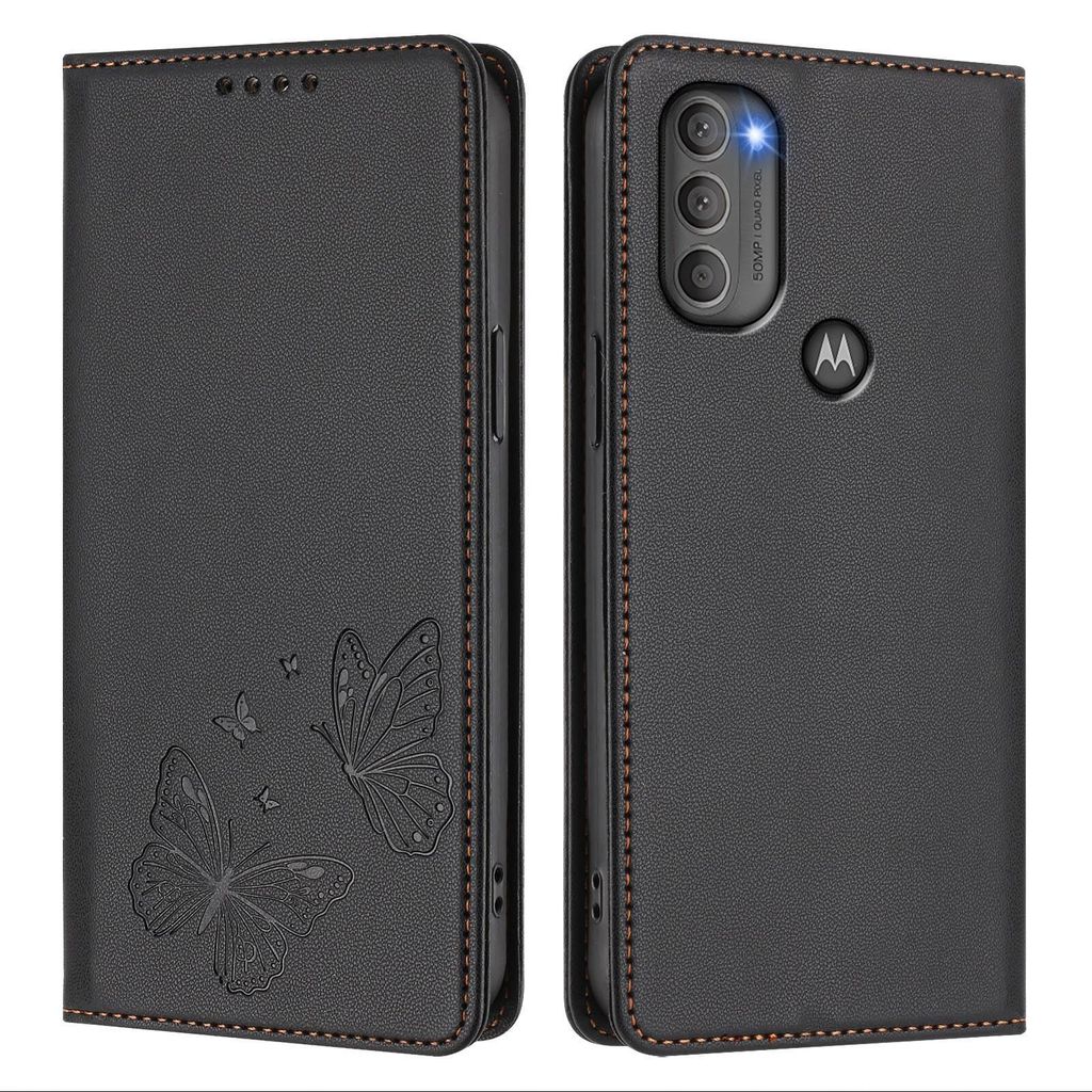 Lederhülle für Motorola Moto G71 5G, Schmetterling Prägung Leder Brieftasche Schutzhülle mit Ständer Schwarz