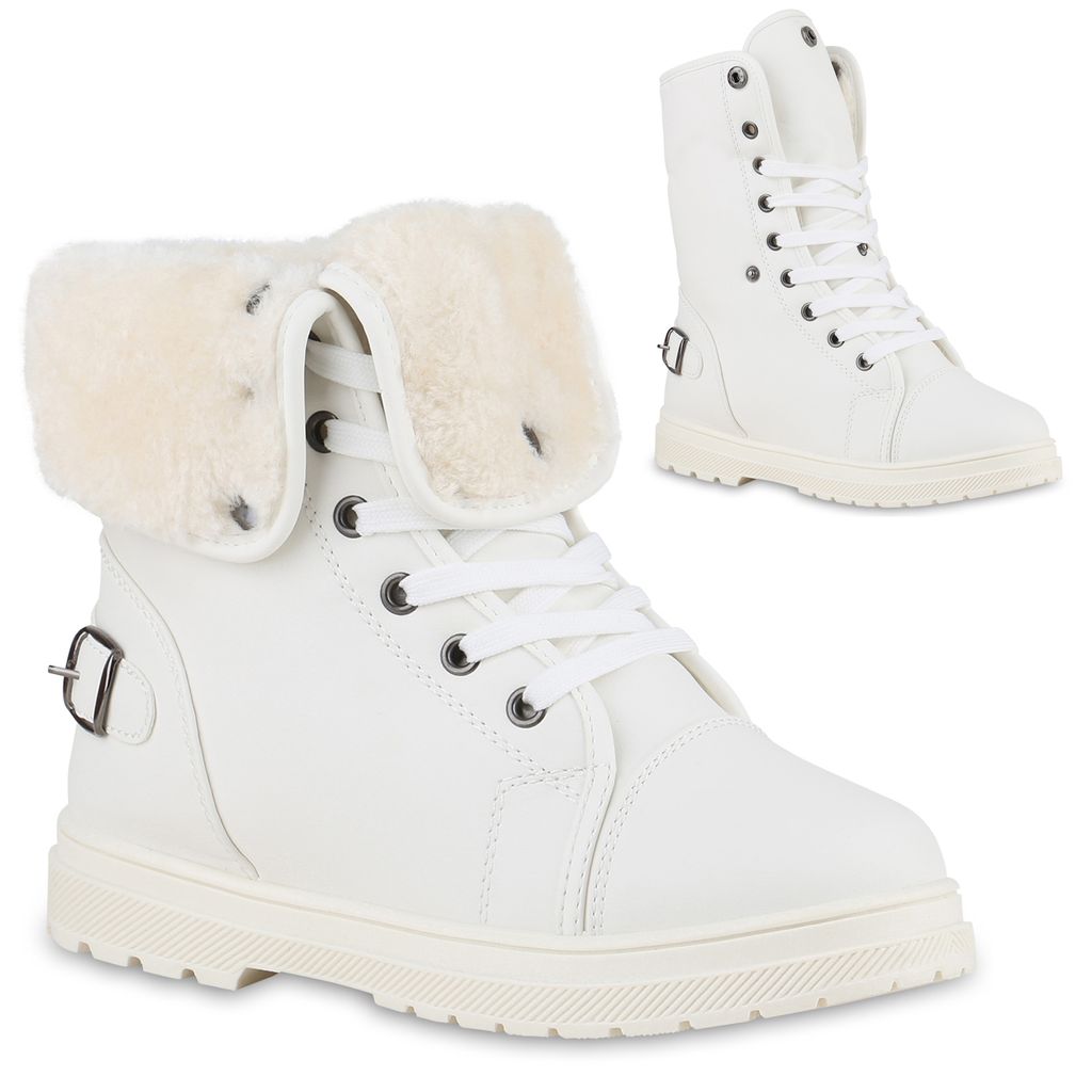 VAN HILL Damen Warm Gefütterte Sneaker High Bequeme Schnallen Schnür-Schuhe 840859, Farbe: Weiß, Größe: 36