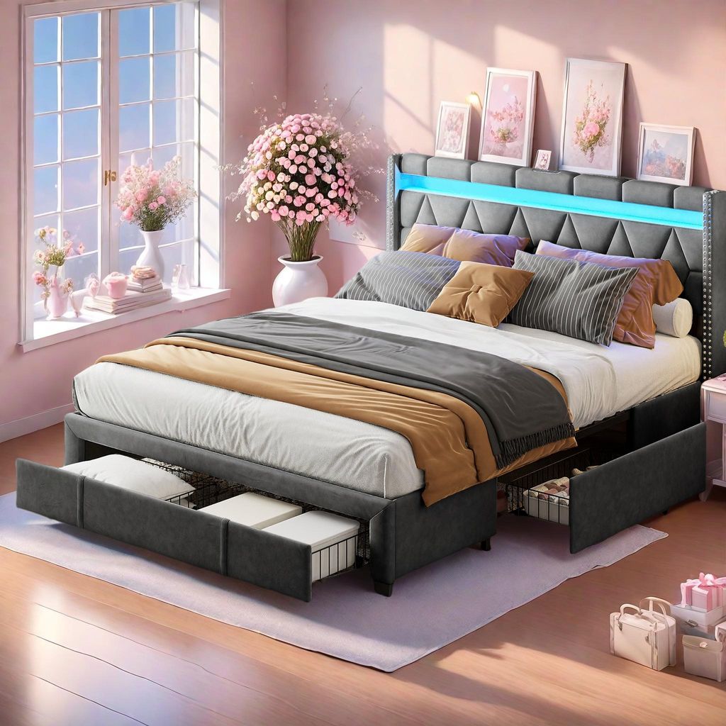 160 x 200 cm großes Bett mit rautenförmigem Kopfteil, LED-Beleuchtung und USB-Anschlüssen, 4 Metallschubladen, grauem Leinenbezug, modernem und ...