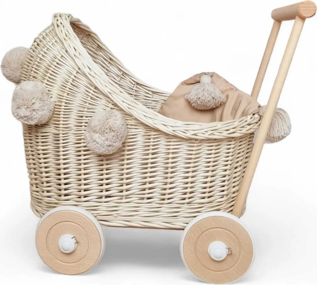 Landau en osier WikliBOX écru avec pompons et literie 45x30x48 cm