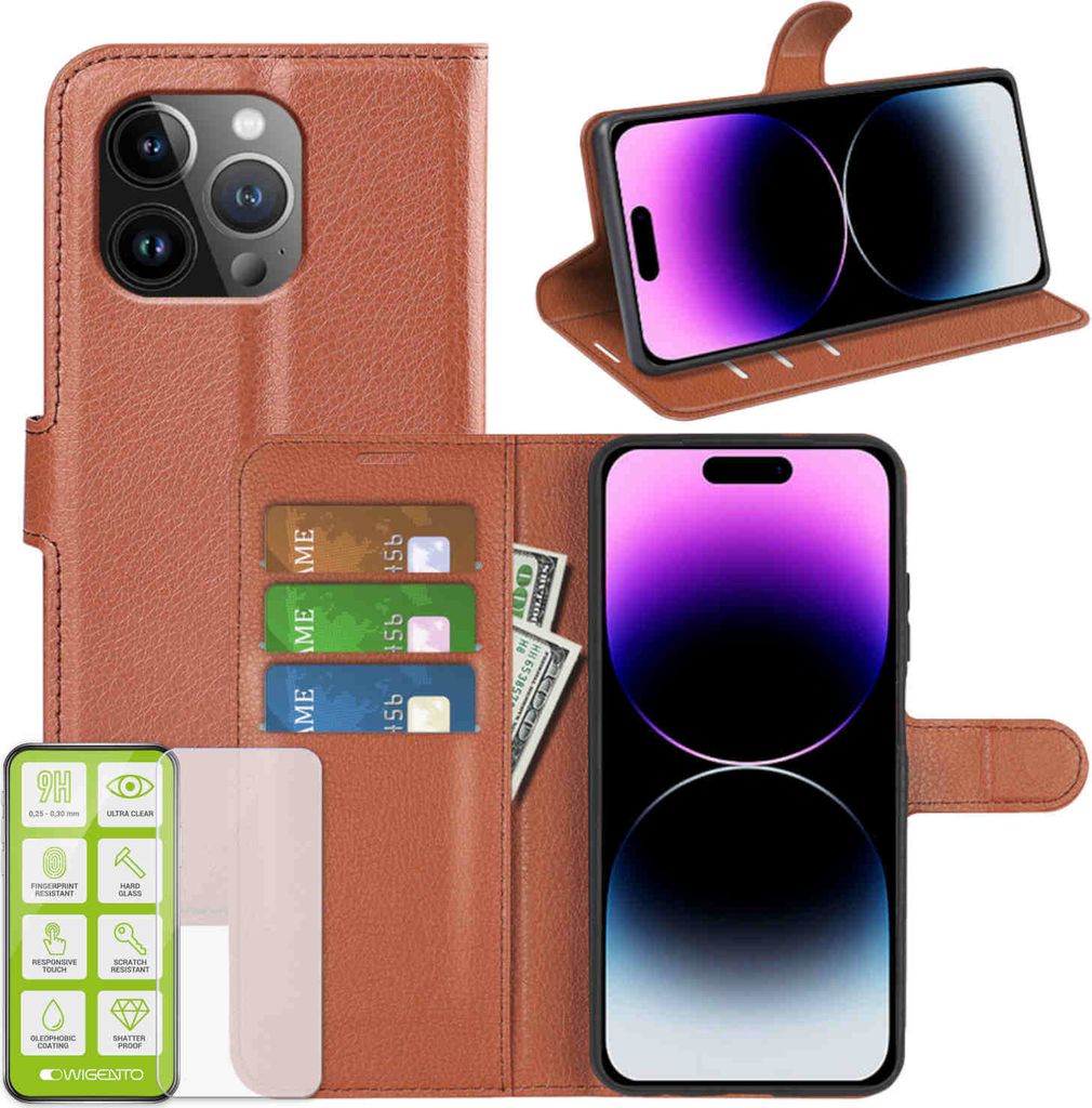 Für Apple iPhone 15 Pro Max Handy Tasche Braun Etuis Kunst-Leder Hülle Case + H9 Hart Glas