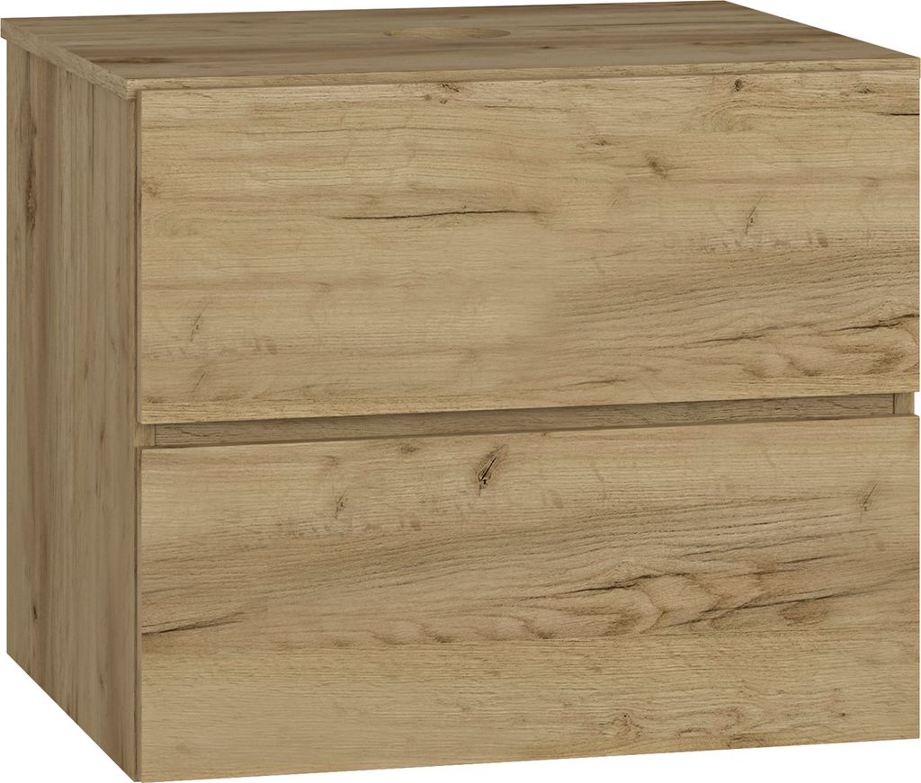 A close-up, front-facing view of a wooden bathroom cabinet with two drawers.
