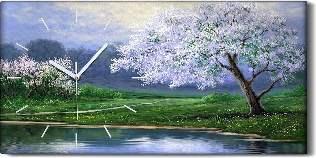 Küchenuhr Bürouhr Leinwand Uhr 60x30 Gemälde See Bäume Blumen Landschaft Natur - weiße Hände