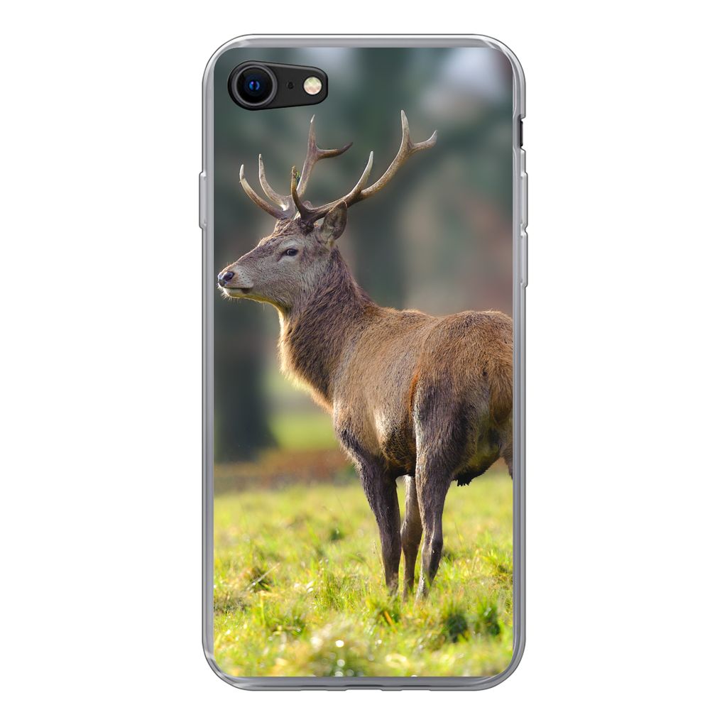 MuchoWow Handyhülle Schutzhülle Hülle für iPhone SE 2022 Rothirsch - Wiese - Grün Silikon Softcase Handy Hülle - Schutzhülle