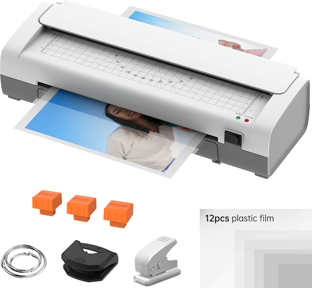 9Zoll A4 Thermo Laminiergerät, 6in1 Heiß- und Kaltlaminierung, 2 Rollen-System, 230mm Eintrittsbreite, mit Papierschneider, runder Locher, Binder...