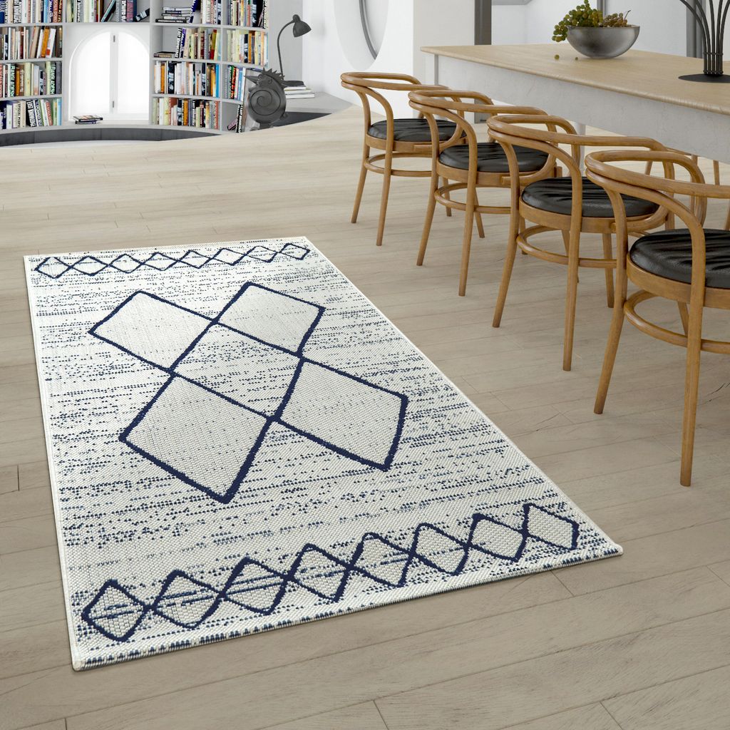 In- & Outdoor Flachgewebe Teppich Geometrisch Skandinavisches Motiv In Weiß Blau Grösse 160x230 cm