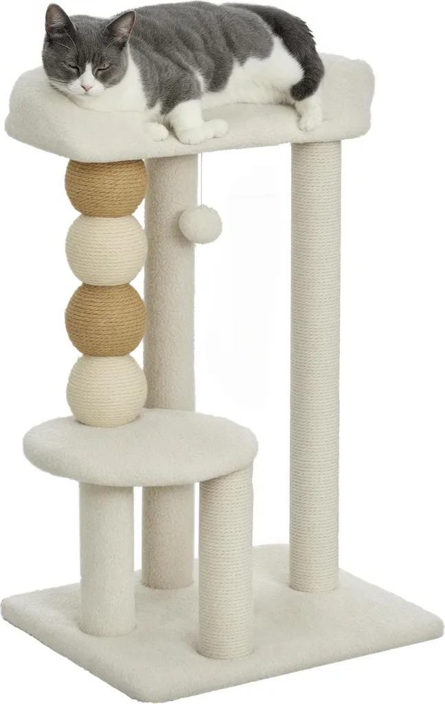 Mobilier pour chat avec plateformes de repos et jeu en laine beige