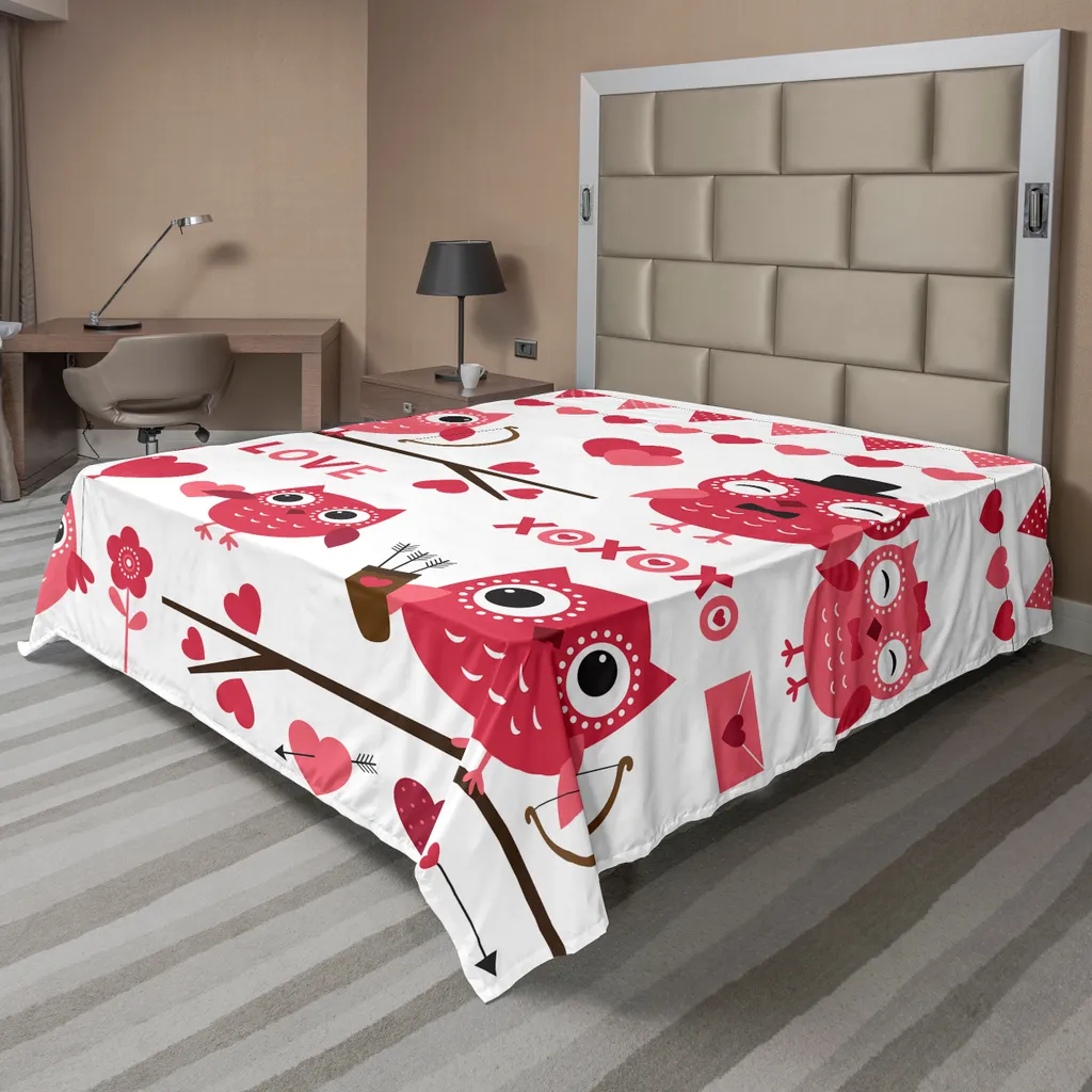 Drap plat ABAKUHAUS Chouettes Romantiques 266x260 cm Blanc et Rouge