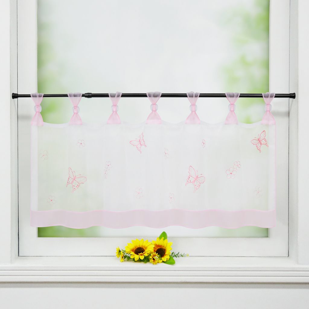 Joyswahl Scheibengardinen Bistrogardine mit Schlaufen modern Küche Kurzgardinen mit Schmetterling-Stickerei Transparent Weiß Pink HxB 45x90 cm
