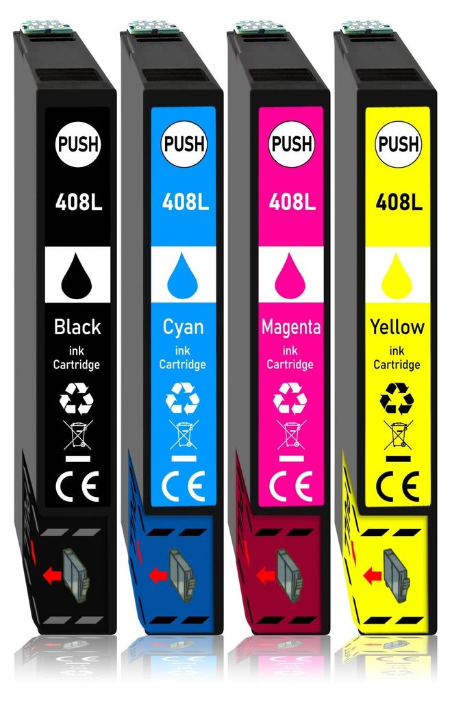 Four printer ink cartridges lined up against a white background.