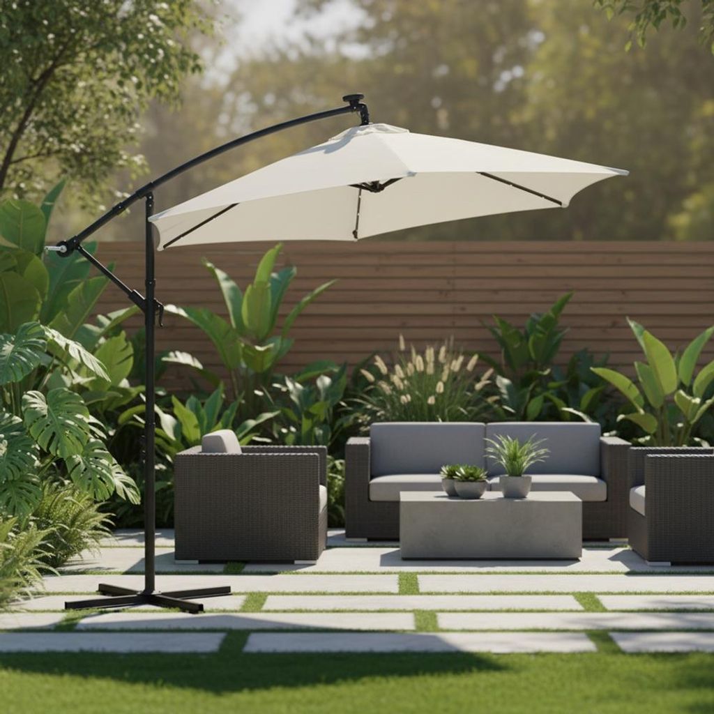 An outdoor patio scene with furniture and a large cantilever umbrella.