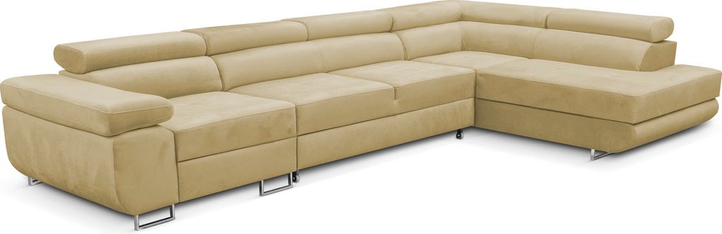 Ecksofa Miami Long Monolith 04 -form mit Schlaffunktion und Bettkasten beige, rechte Ottomane