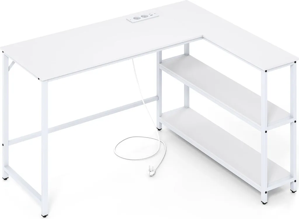 Bureau d'angle scandinave blanc L avec rangement et recharge pour PC portable