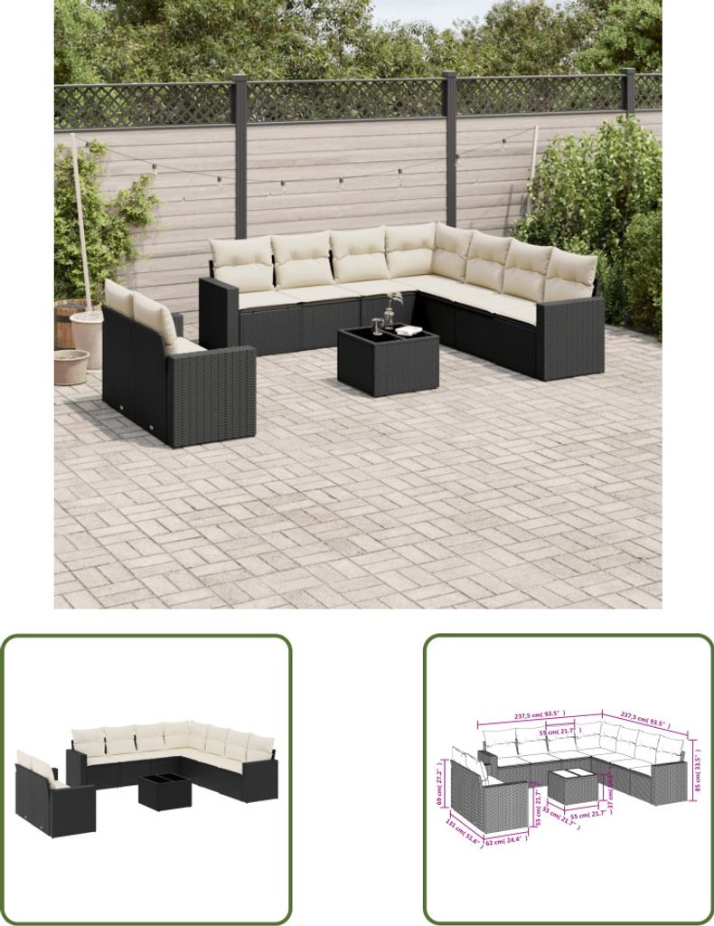 The Living Store 10-tlg. Garten-Sofagarnitur mit Kissen Schwarz Poly Rattan