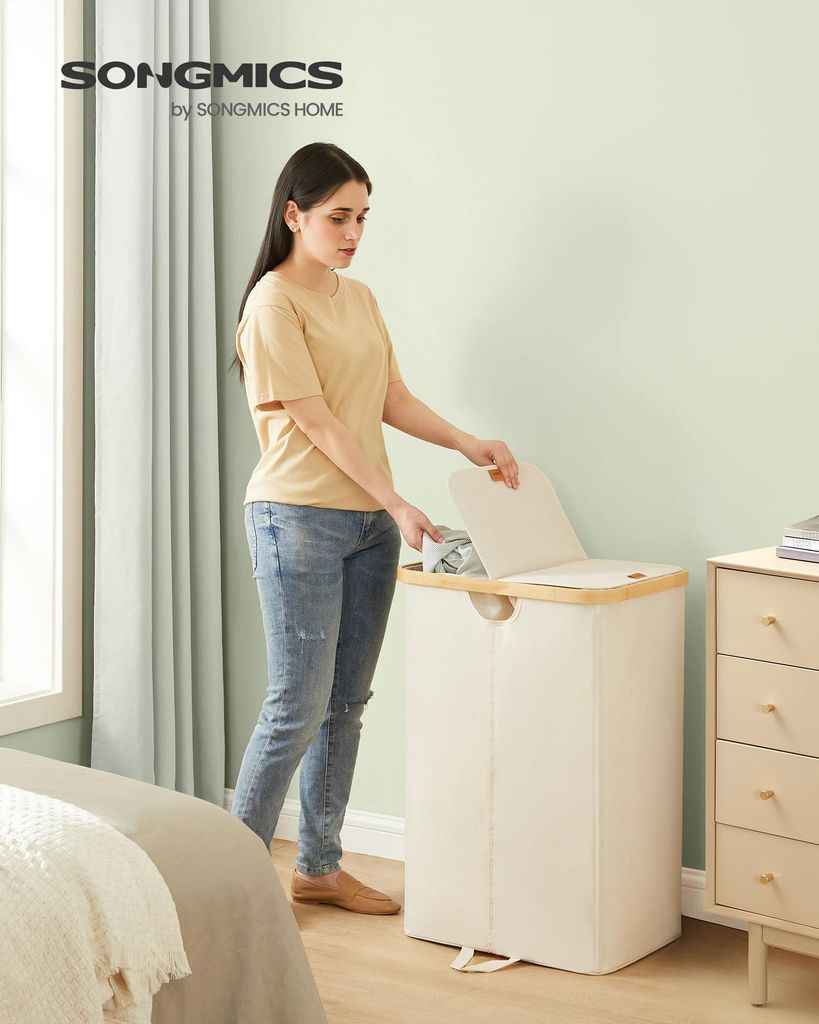 Wäschekorb - Wäschesammler mit Deckel - Herausnehmbare Wäschesäcke - Tragegriffe - Zum Zusammenbauen - Cremeweiß/Naturbeige (Hellgelb)