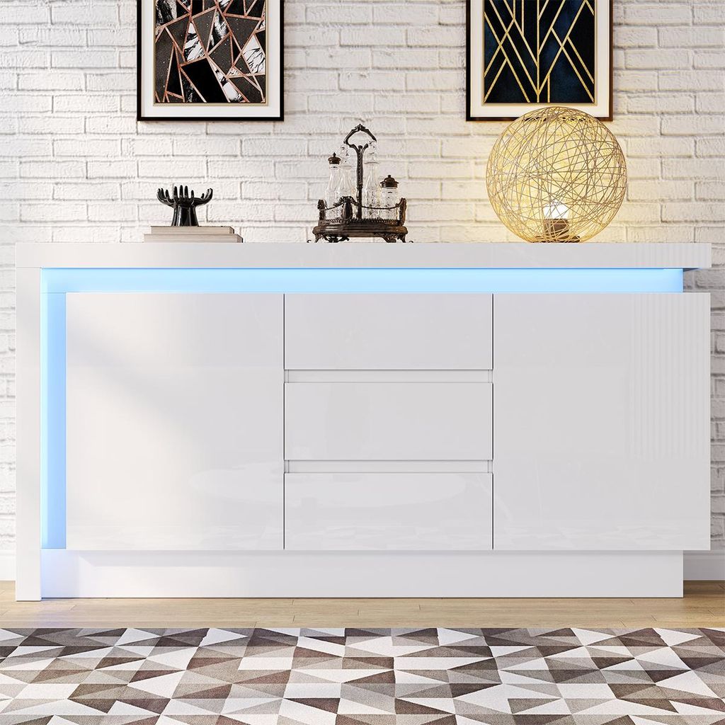 Sideboard mit 3 Schubladen und LED Aufbewahrungsschrank Kommode Beistelltisch 140*35*72cm Weiß