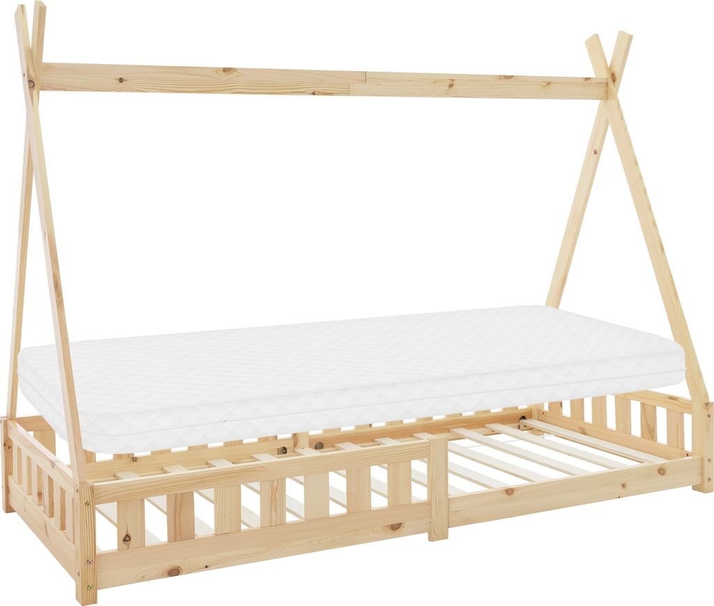 ML-Design Kinderbett Tipi 90x200 cm mit Matratze, Rausfallschutz und Lattenrost, aus Kiefernholz, Natur, Hausbett mit Zaun Bodenbett Holzbett