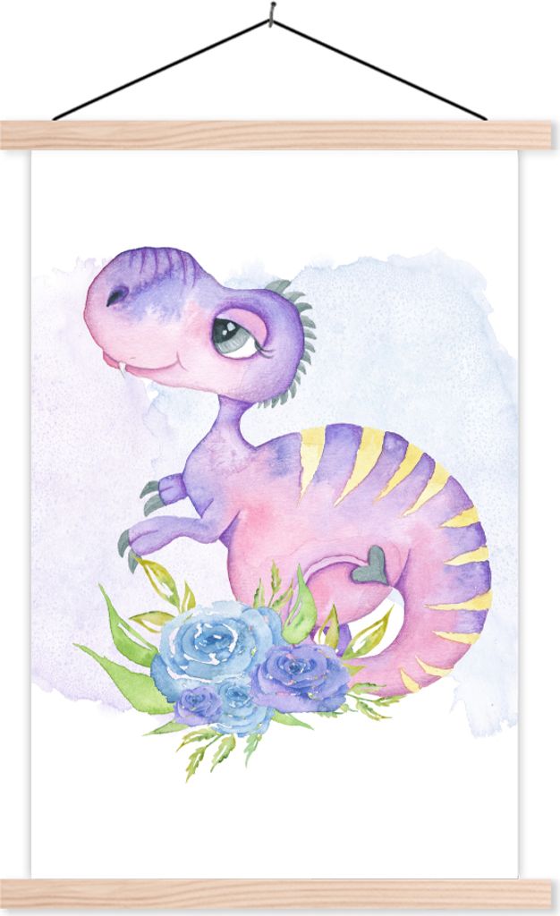 MuchoWow Textilposter Kinderzimmer - Lila - Dinosaurier - Mädchen - Kinder - Rosa 40x60 cm mit holzfarbenen Rahmen - Poster