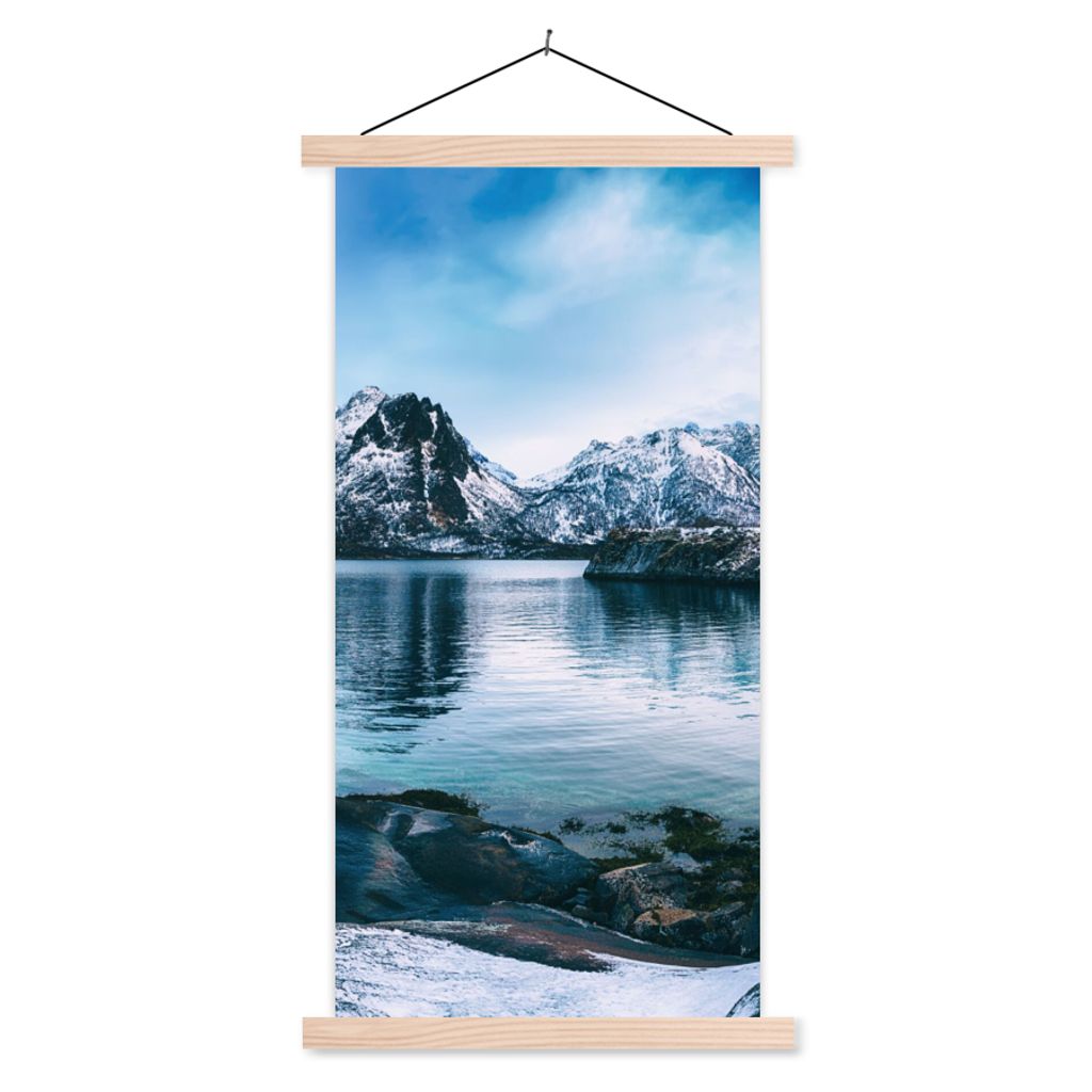 MuchoWow Textilposter Wasser - Berge - Natur 40x80 cm mit holzfarbenen Rahmen - Wohnzimmer