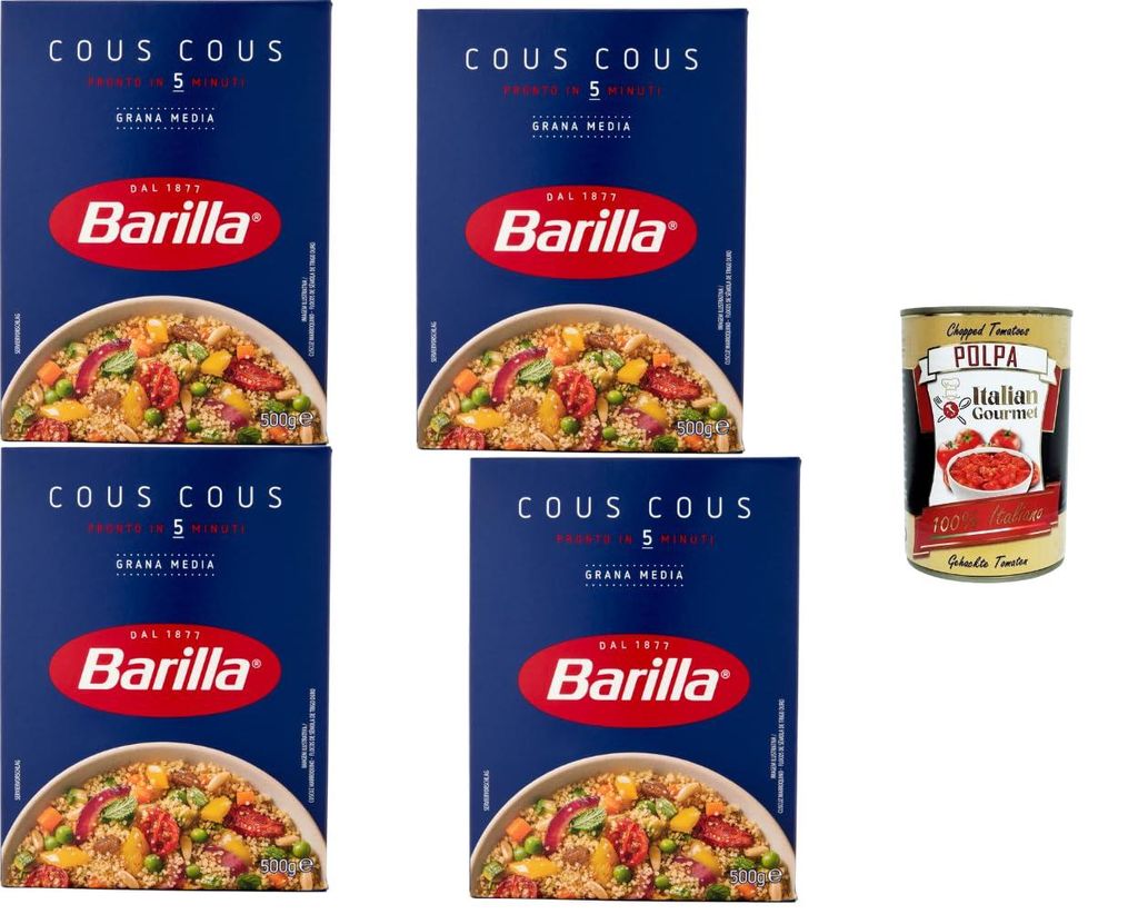 Barilla Cous Cous Grana Media 4 x 500 g in 5 Minuten fertig Hartweizen Beilage für Salate und Pfannengerichte Vorratspackung + Italian Gourmet polpa