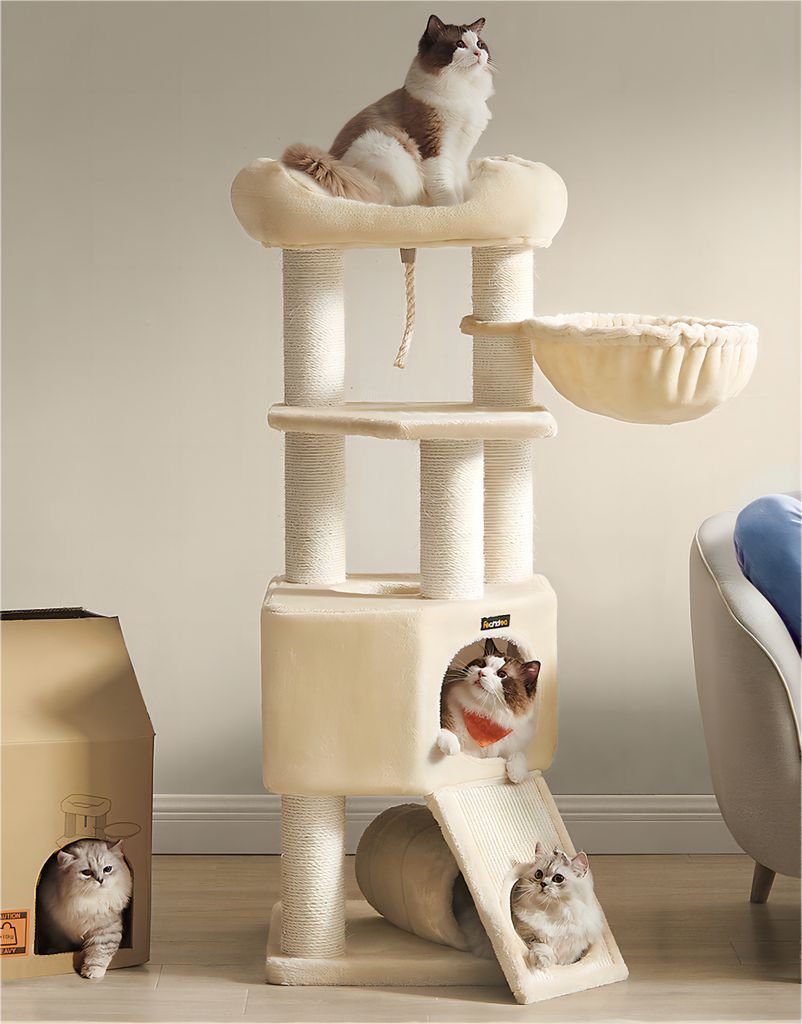 FEANDREA Kratzbaum größer, 141cm, dicken Säule, stabil, Kippschutz beige