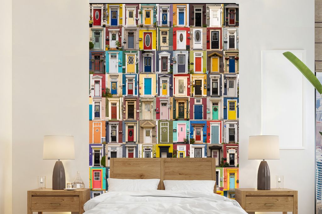 MuchoWow Fototapete für Wohnzimmer oder Schlafzimmer Wandtapete Vinyl Motivtapete Türen - Bunt - Collage - Architektur - 170x260 cm - Wohnzimme...