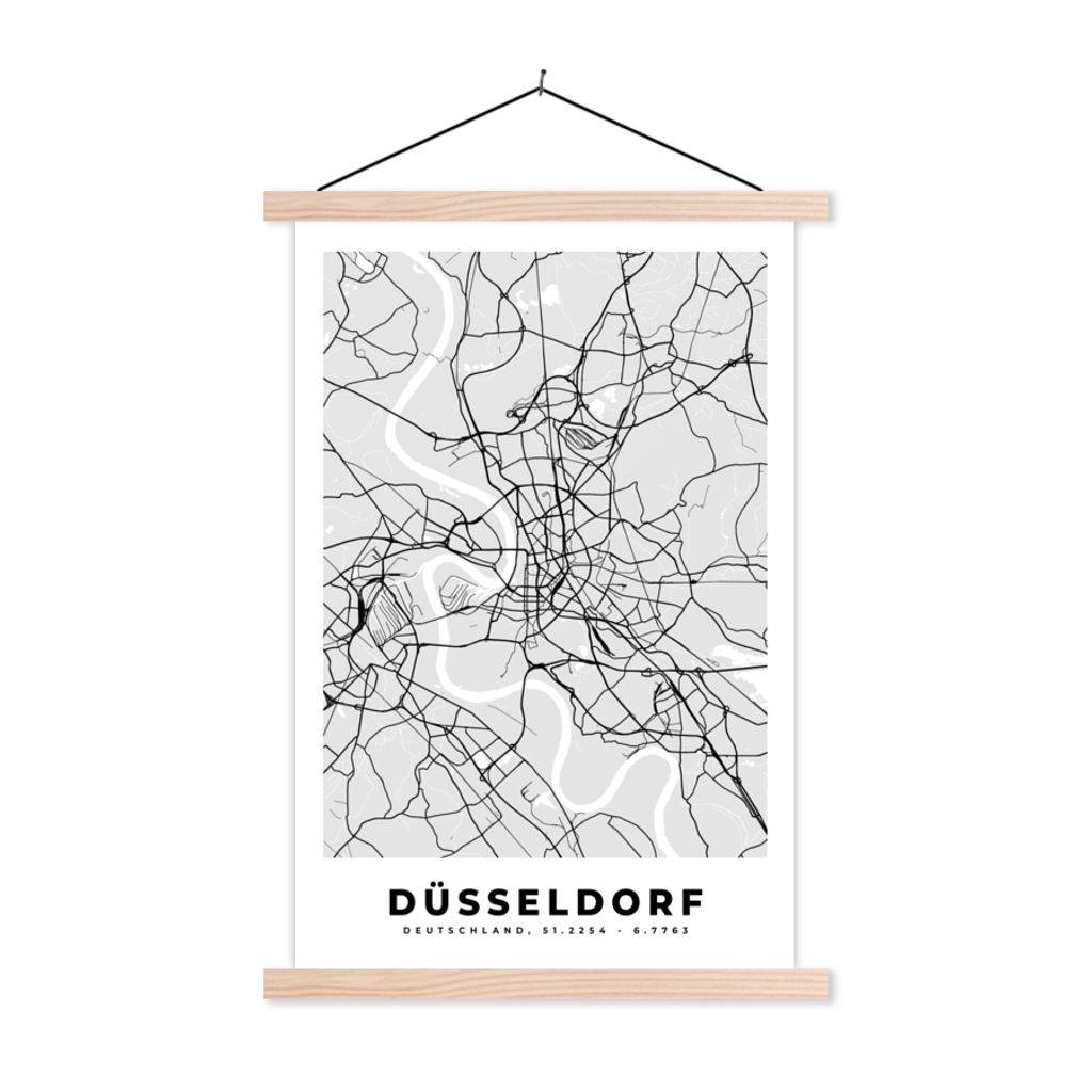 MuchoWow Textilposter Deutschland - Stadtplan - Düsseldorf - Karte 120x180 cm mit holzfarbenen Rahmen - Textil-Plakat