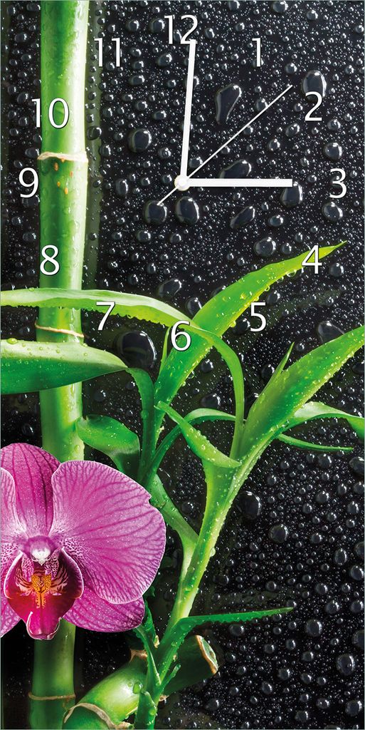 Wallario Design Wanduhr Bambus und pinke Orchidee auf schwarzem Glas mit Regentropfen aus Echtglas, Größe 30 x 60 cm