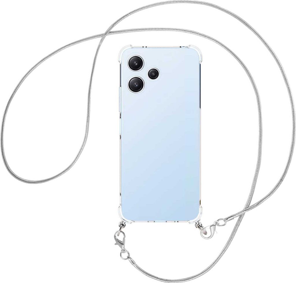 Handykette Backcover-Schutzhülle mit Band (Metall silberfarben) für Xiaomi Poco M6 Pro 5G, Redmi 12 5G, Note 12R - silberfarbene Snake-Kette