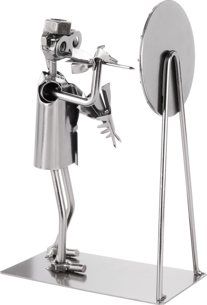 A metal figurine of a dart player with a dartboard.