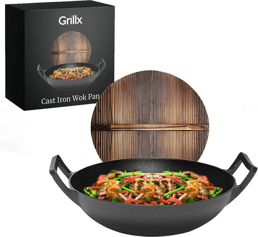 GrillX Gusseisen Wokpfanne Ø 36cm mit Holzdeckel – Wadjan Produktbild 
