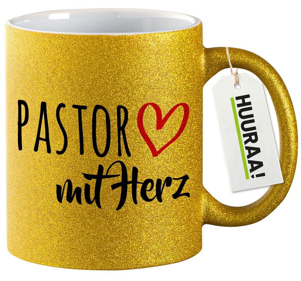 Huuraa Glitzertasse Pastor mit Herz 330ml Gold Keramik Kaffeebecher Geschenkidee
