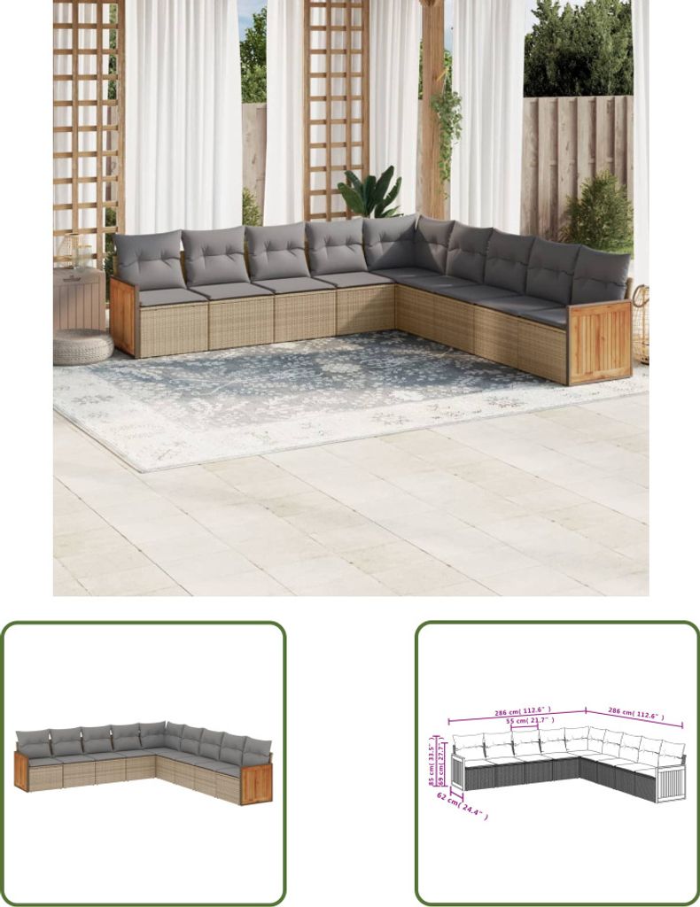 The Living Store 9-tlg. Garten-Sofagarnitur mit Kissen Beige Poly Rattan